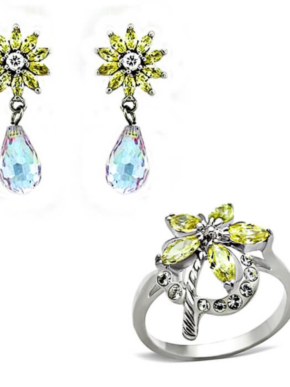 925 Sterling Silver Rhodium Multi-Color CZ Earrings & Apple Green Ring Set